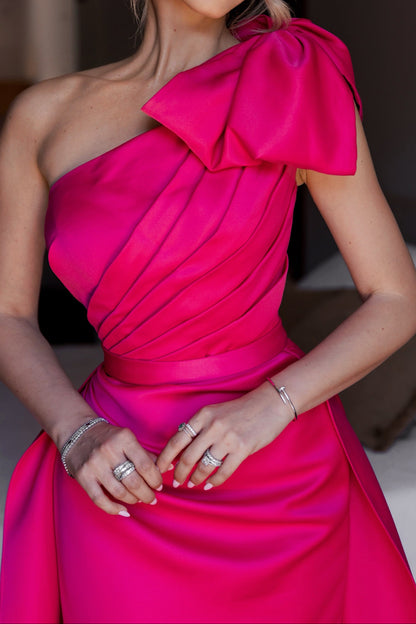 One-Shoulder Bow Satin Evening Gown with Slit