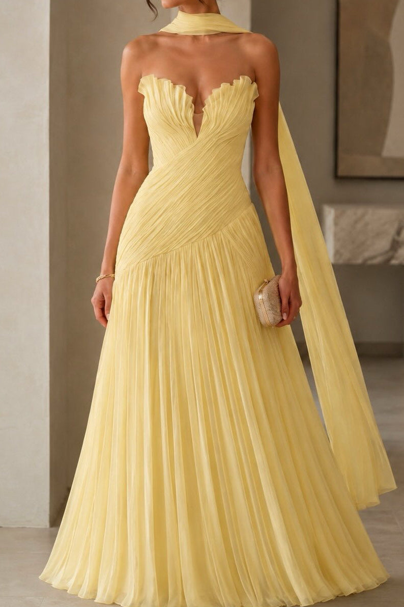 Strapless Pleated A-Line Chiffon Gown with Scarf