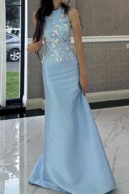 Floral Applique High Neck Embellished Evening Gown