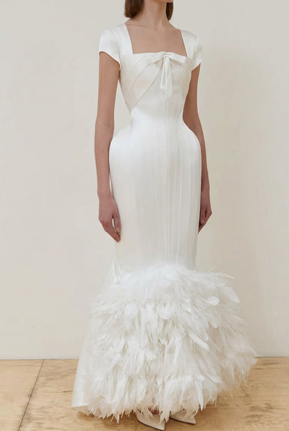 Feather Hem Corset Wedding Dress with Train