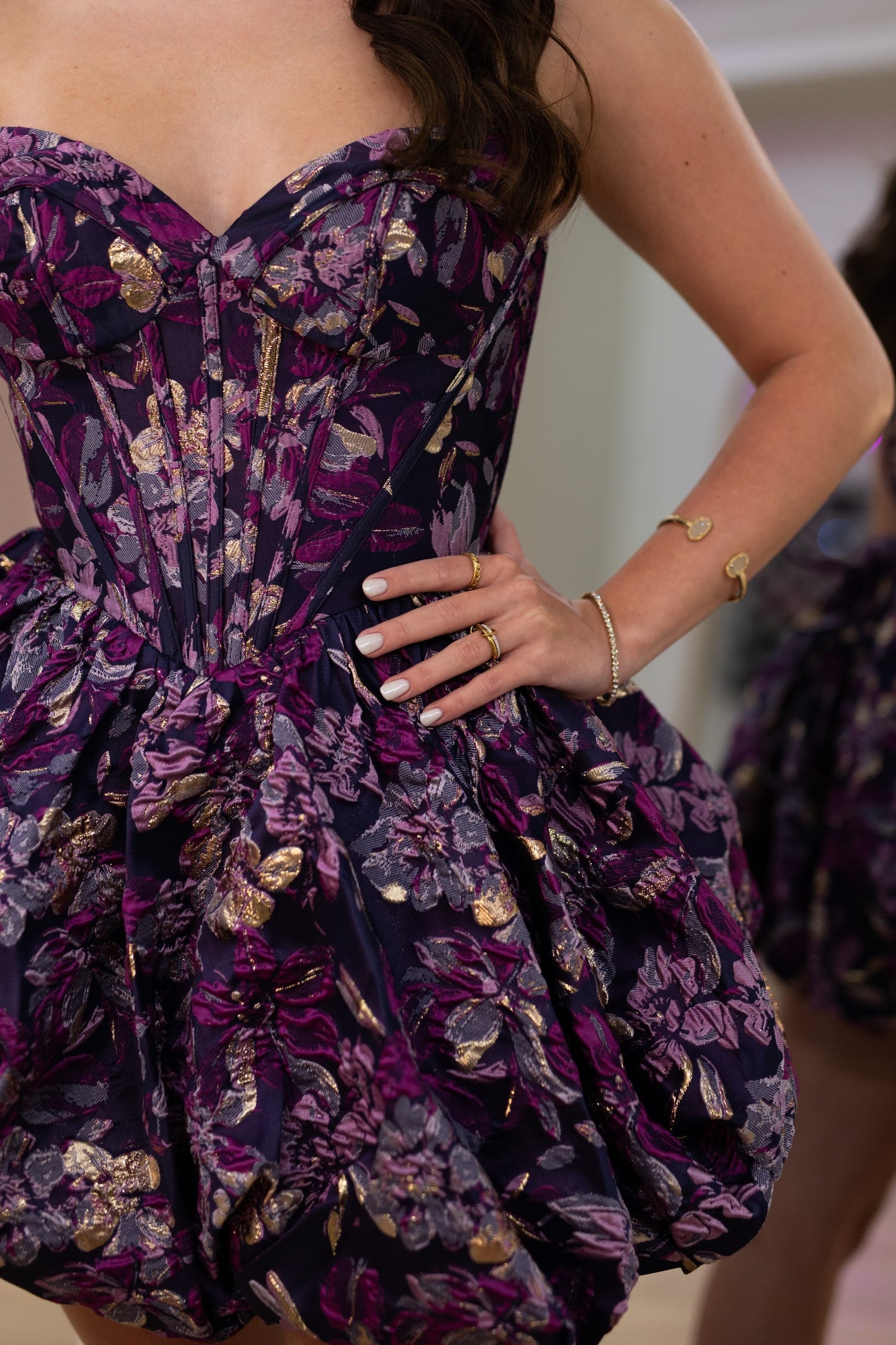 Strapless Jacquard Bubble Skirt Mini Dress