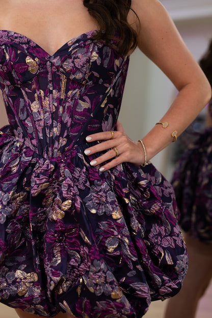 Strapless Jacquard Bubble Skirt Mini Dress