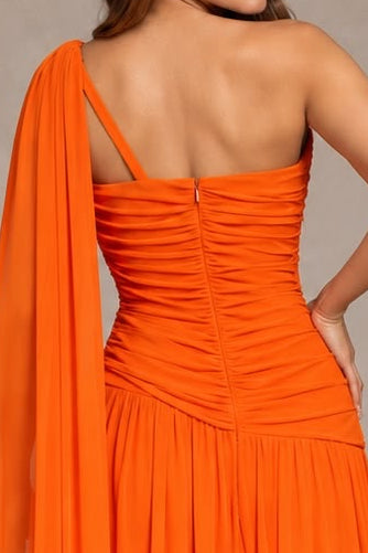 One-Shoulder Ruched Gown with Cape Drape