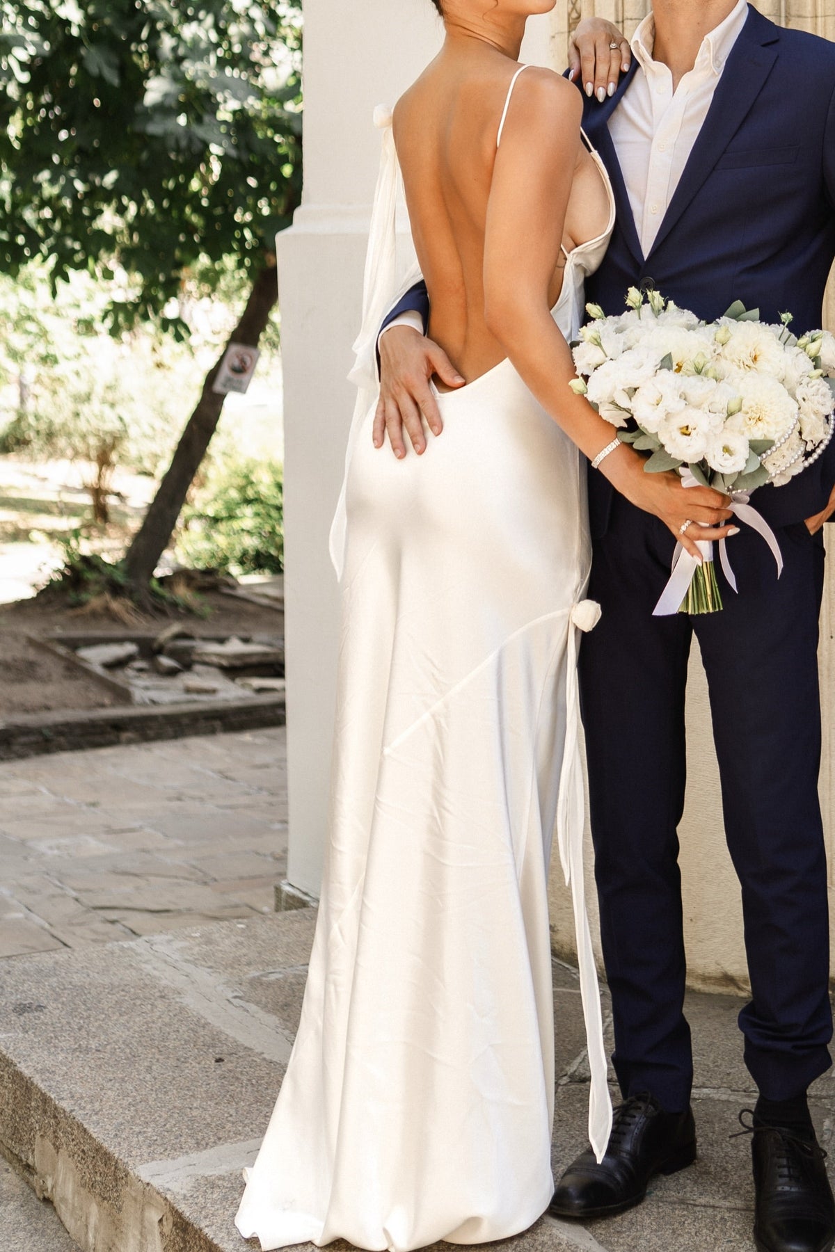 Cowl Neck Satin Slip Wedding Dress with Open Back