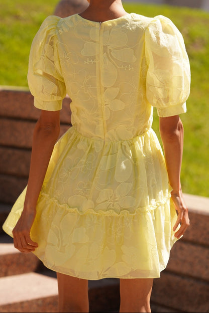 Floral Jacquard Puff Sleeve Tiered Mini Dress