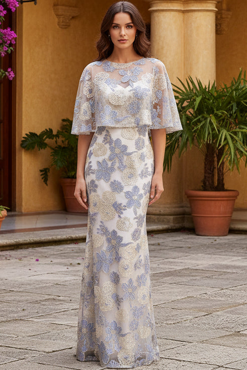 Embroidered Lace Column Gown with Sheer Capelet