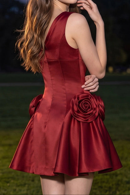 Cowl Neck Satin Mini Dress with 3D Rosettes
