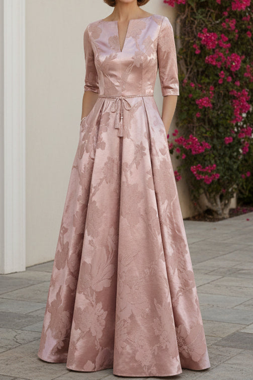 Floral Jacquard A-Line Evening Gown with Tie-Waist Belt