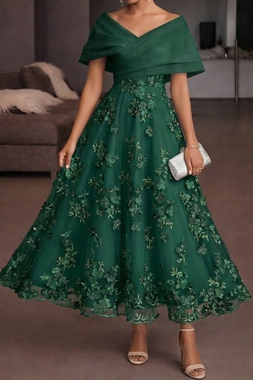 Off-Shoulder 3D Floral Tea-Length Evening Dress