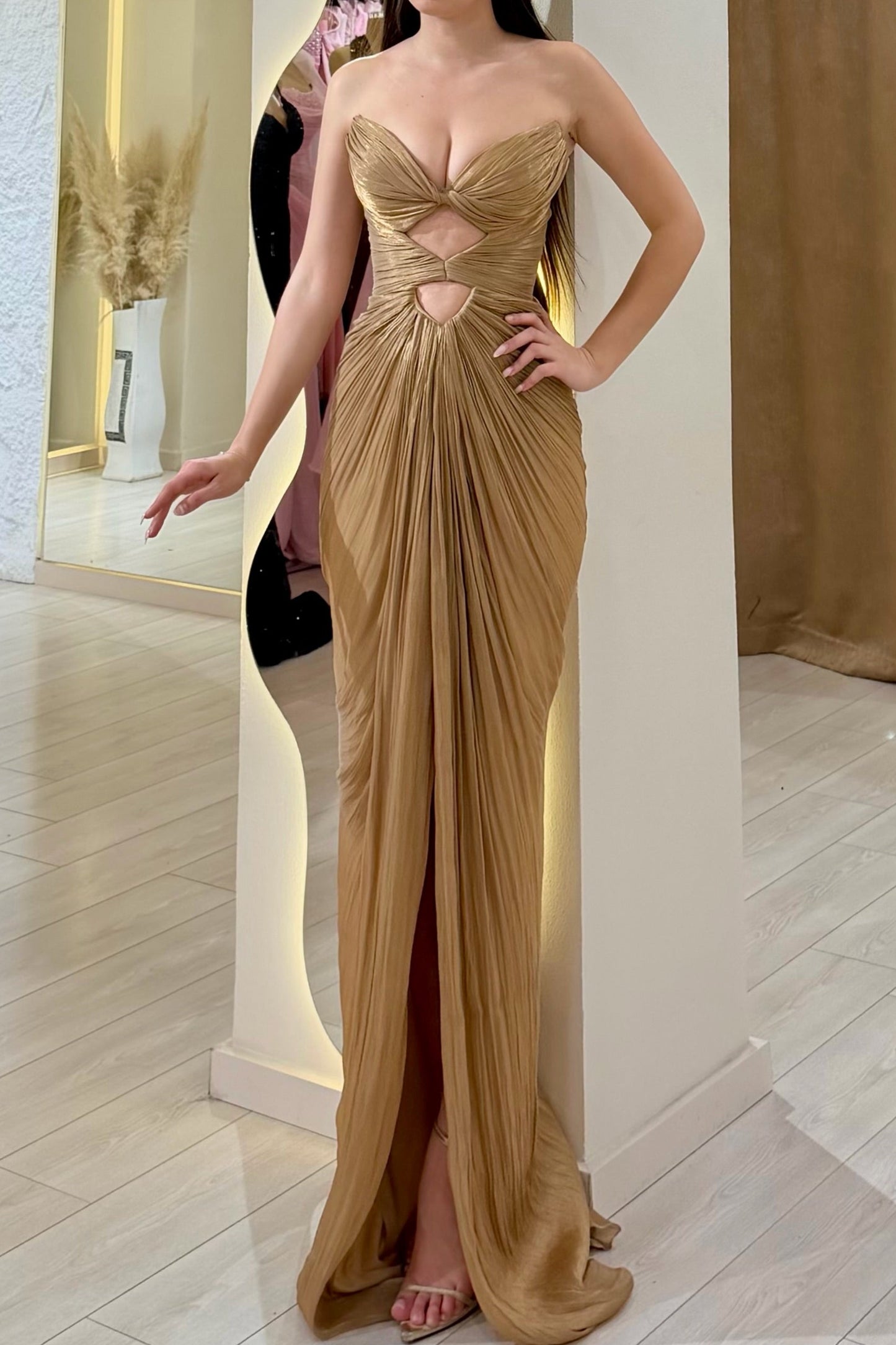 Strapless Pleated Cut-Out High Slit Evening Gown