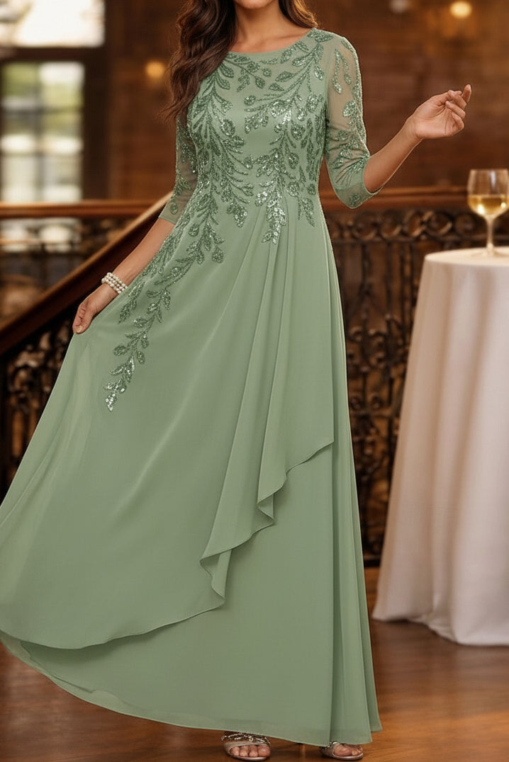 Sequined Leaf Bodice A-Line Gown with Cascading Ruffle
