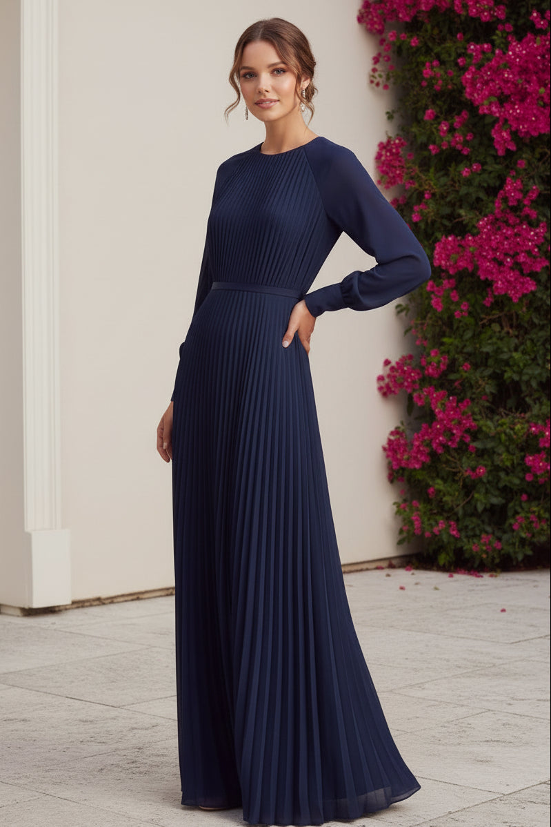 Pleated Long Sleeve Floor-Length Maxi Dress