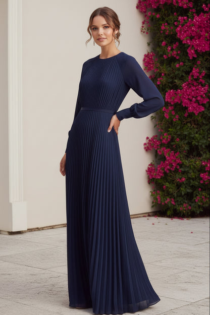 Pleated Long Sleeve Floor-Length Maxi Dress