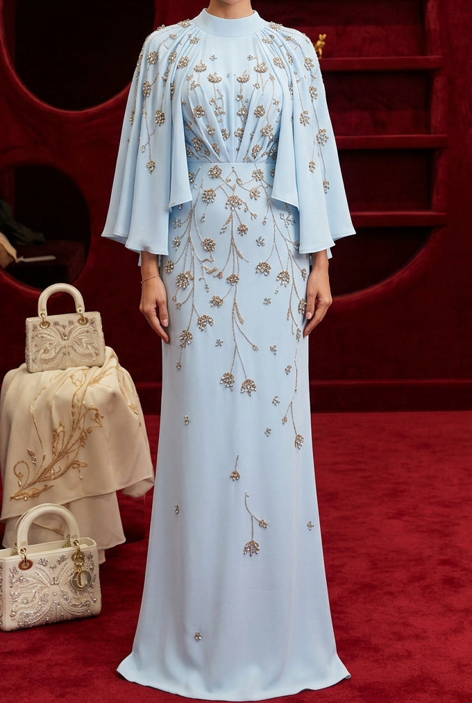 High Neck Embellished Gown with Cape Sleeves