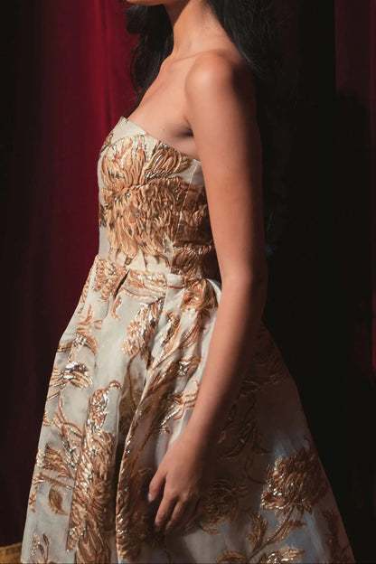 Strapless Metallic Floral Jacquard Midi Dress