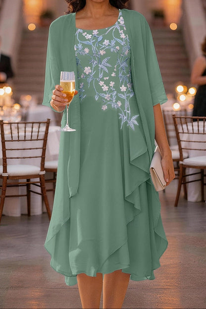 Embroidered Midi Dress with Sheer Jacket
