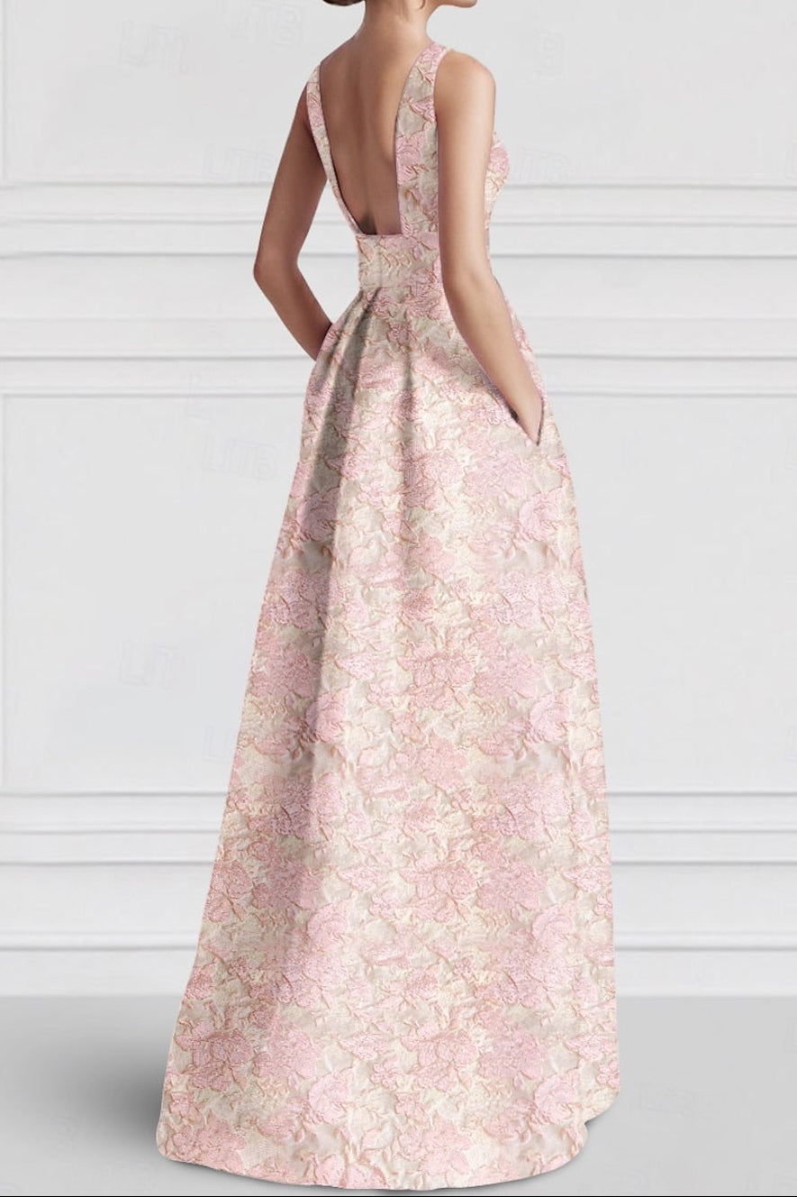 High-Low Floral Jacquard A-Line Dress with Pockets