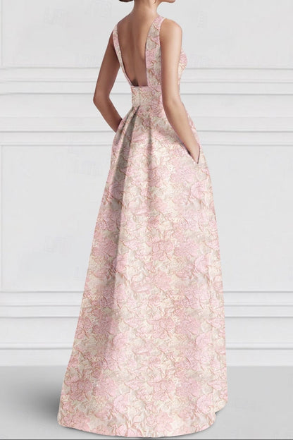 High-Low Floral Jacquard A-Line Dress with Pockets
