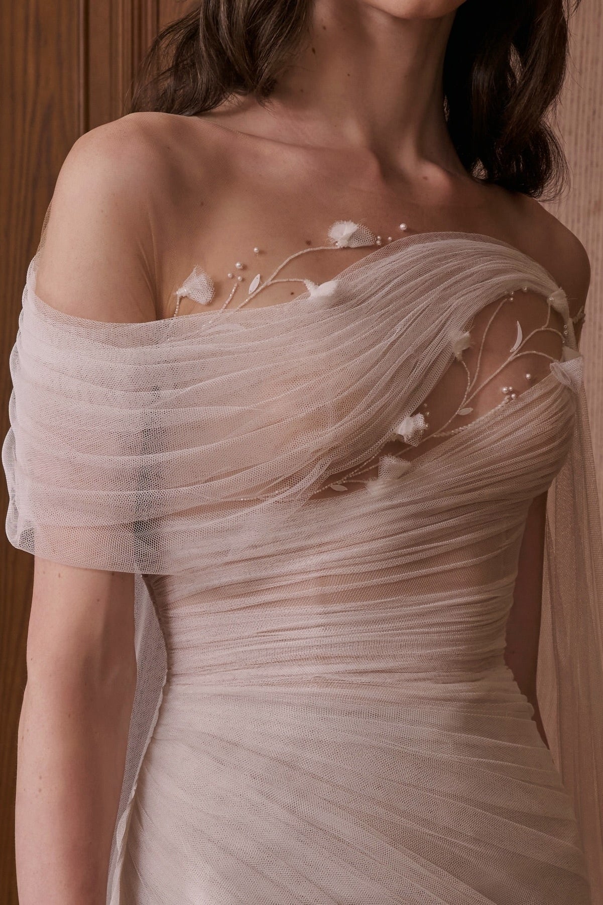 Off-the-Shoulder Ruched Tulle Wedding Dress