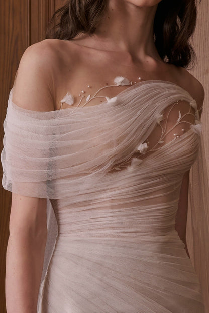Off-the-Shoulder Ruched Tulle Wedding Dress