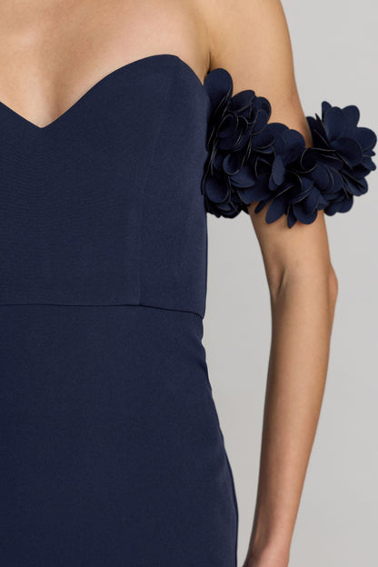 Off-the-Shoulder 3D Floral Crepe Evening Gown