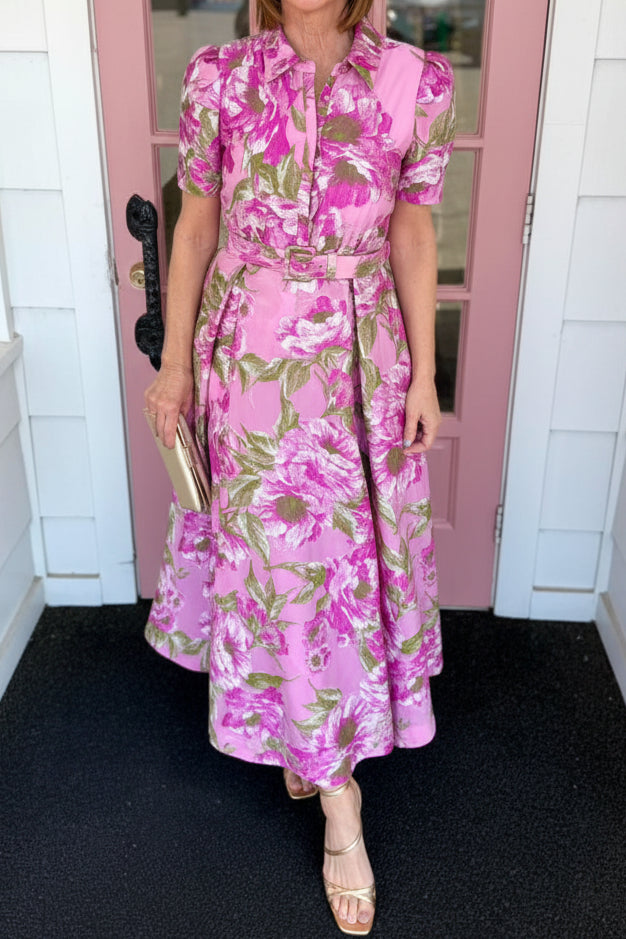 Floral Print Belted Shirt Dress with Short Sleeves