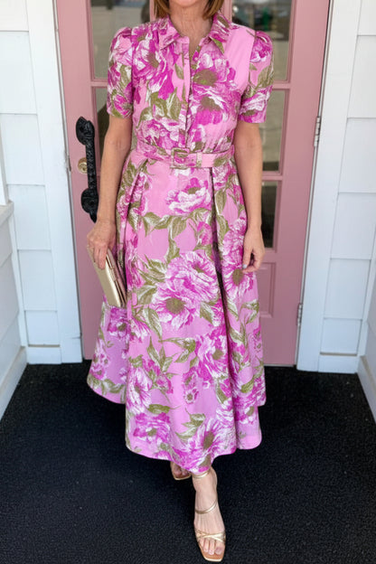 Floral Print Belted Shirt Dress with Short Sleeves