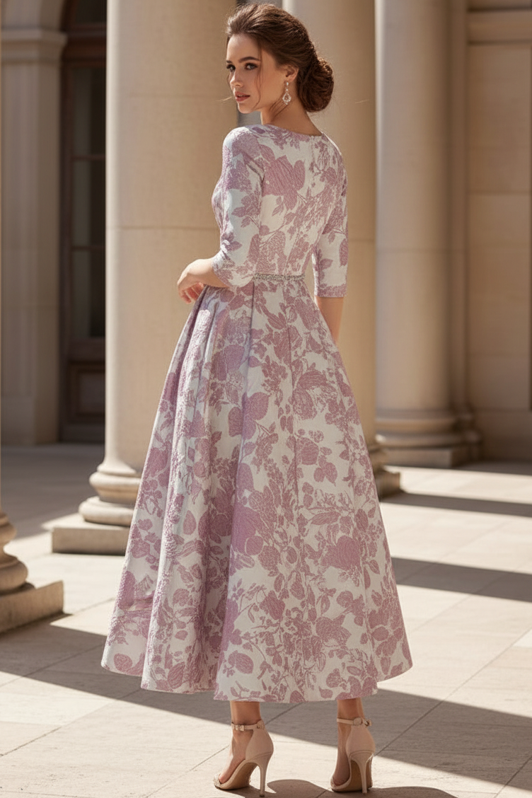 Elegant Floral Jacquard A-Line Midi Dress