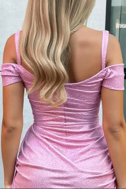Off Shoulder Ruched Glitter Mini Dress with Side Drape