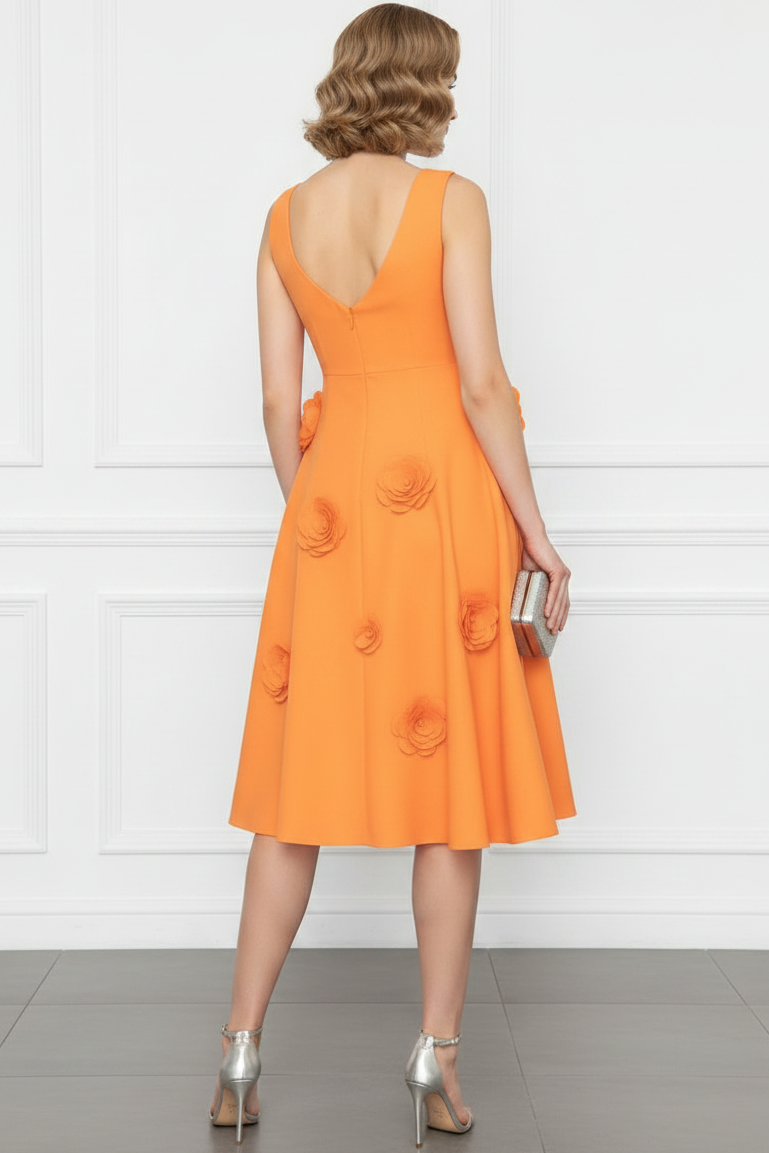 Sleeveless A-Line Midi Dress with 3D Floral Appliques