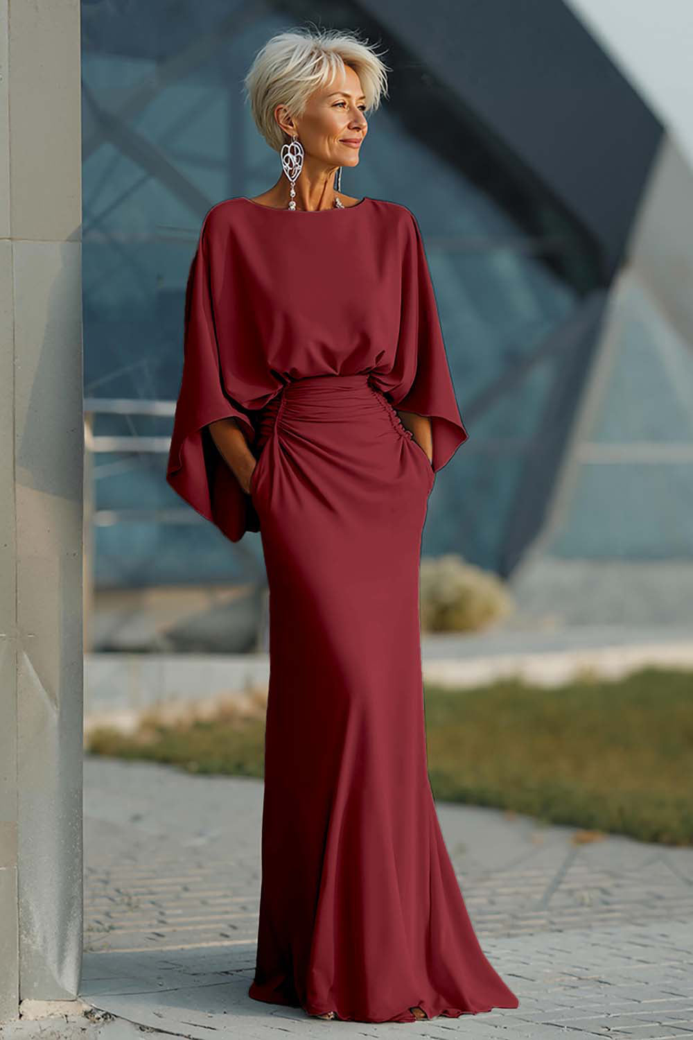 Elegant Ruched Evening Gown with Cape Sleeves