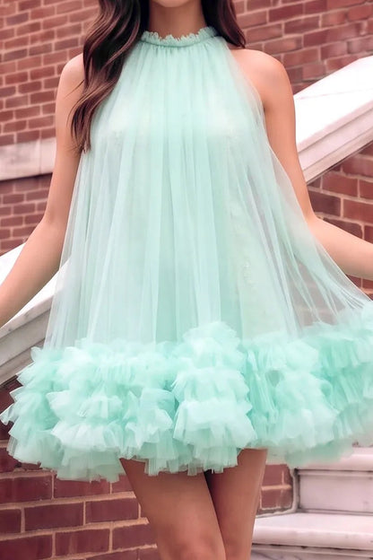 High Neck Tulle Mini Dress with Ruffled Hem