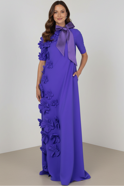 High-Neck Crepe Gown with 3D Flowers and Bow