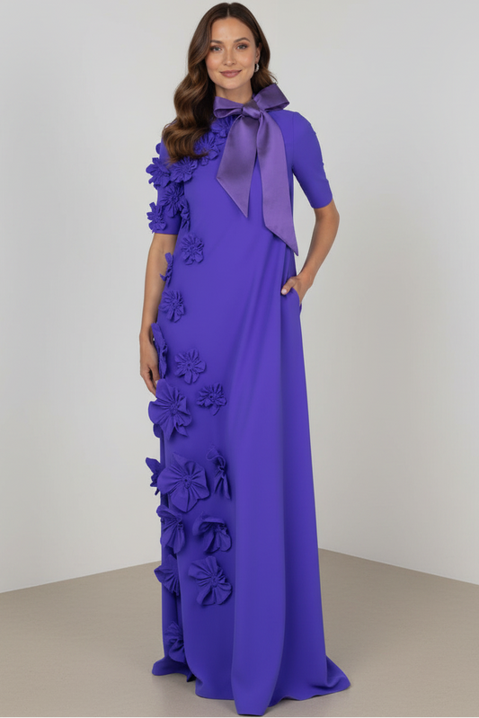 High-Neck Crepe Gown with 3D Flowers and Bow