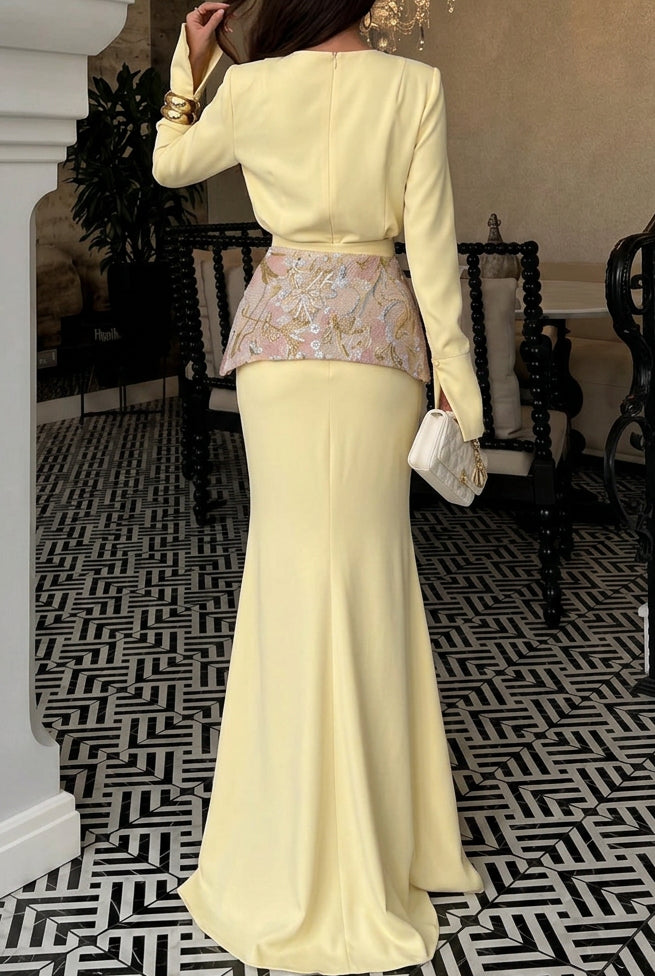 Long Sleeve Maxi Dress with Embroidered Peplum