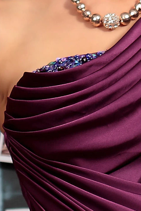 One Shoulder Pleated Satin Evening Gown