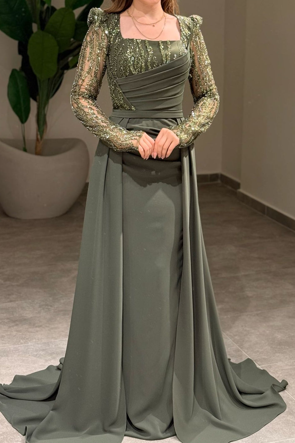 Sequined Long Sleeve Gown with Overskirt