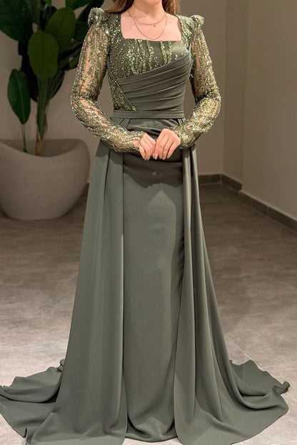Sequined Long Sleeve Gown with Overskirt