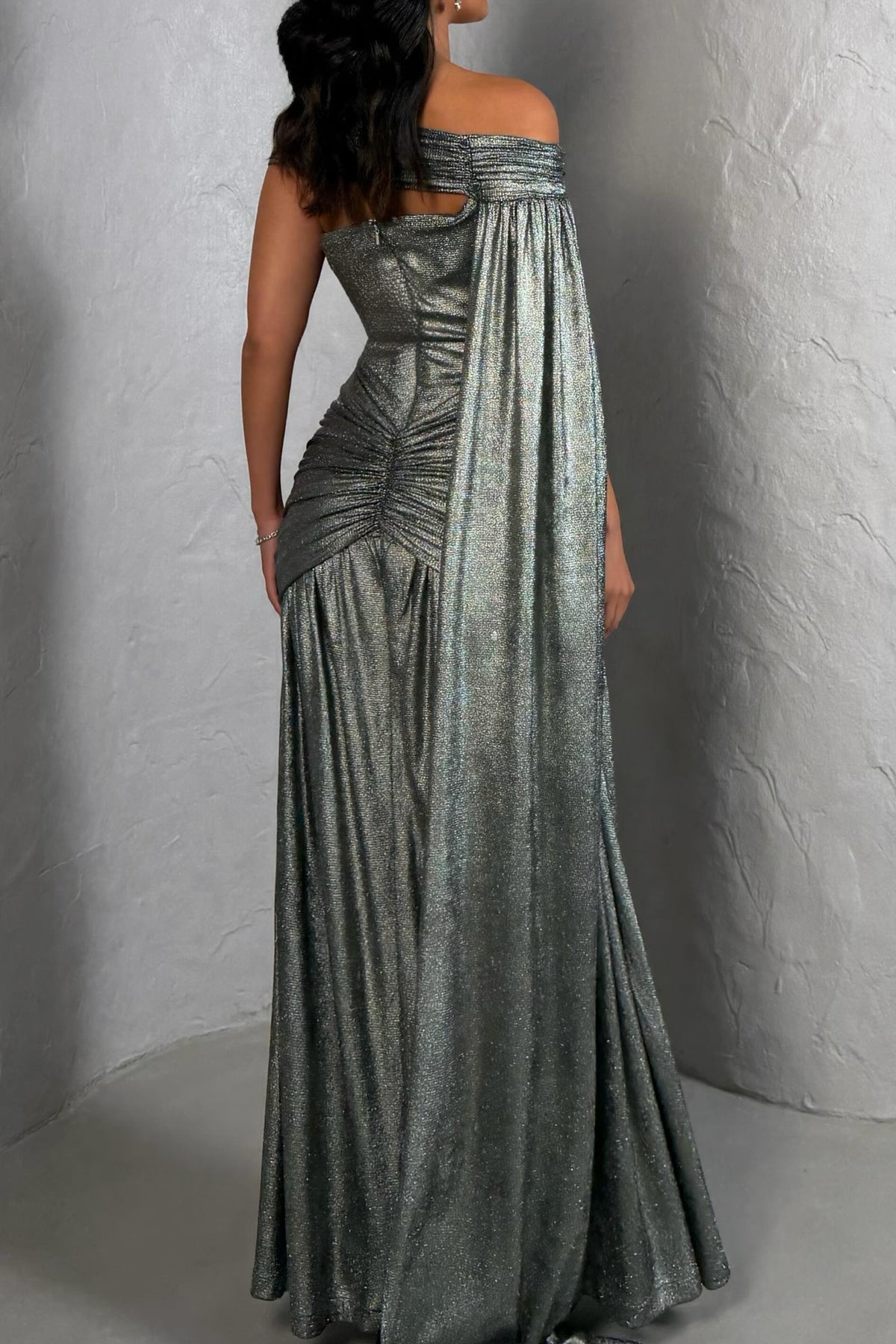 Metallic Off-Shoulder Gown with Cape Drape