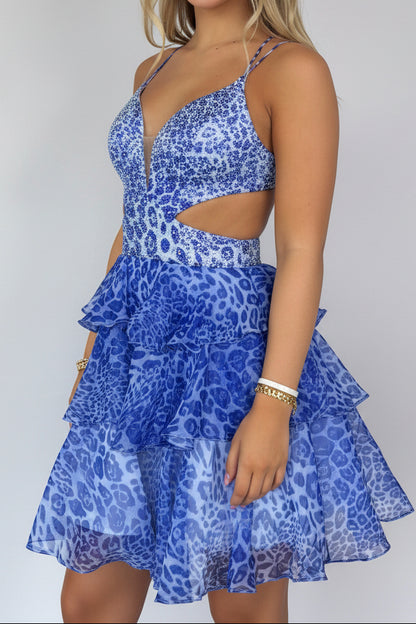 Tiered Animal Print Cut-Out Mini Dress with Rhinestones