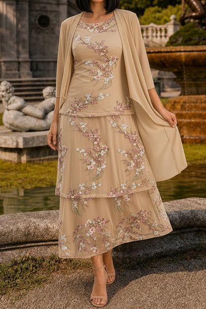 Embroidered Floral Mesh Dress & Draped Jacket Set
