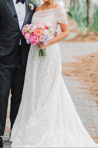 Patterned Lace A-Line Wedding Dress with Tulle Wrap