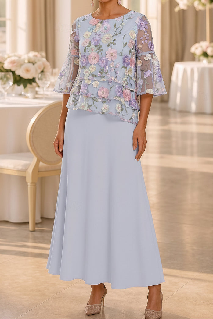 Floral Embroidered Tiered-Top A-Line Ankle-Length Dress
