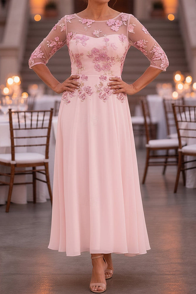 Floral Applique Illusion 3/4 Sleeve Tea-Length Dress