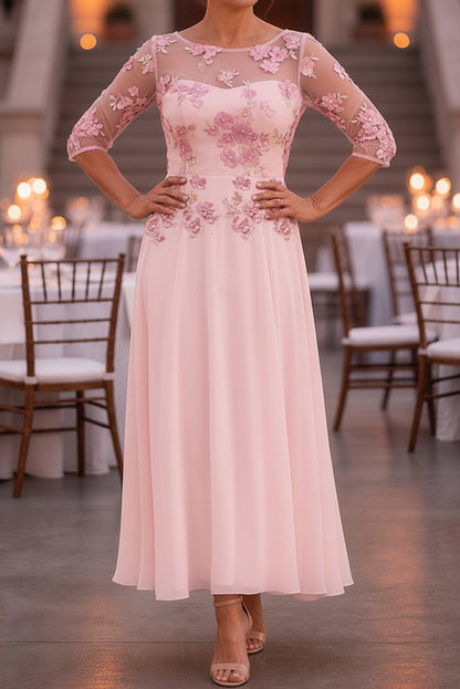 Floral Applique Illusion 3/4 Sleeve Tea-Length Dress