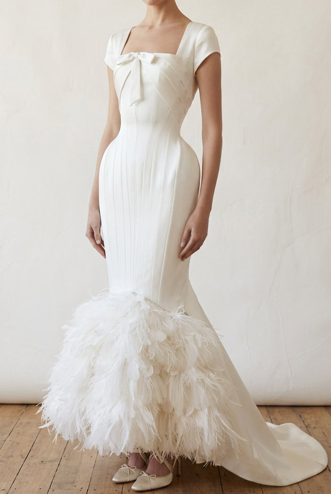 Feather Hem Corset Wedding Dress with Train