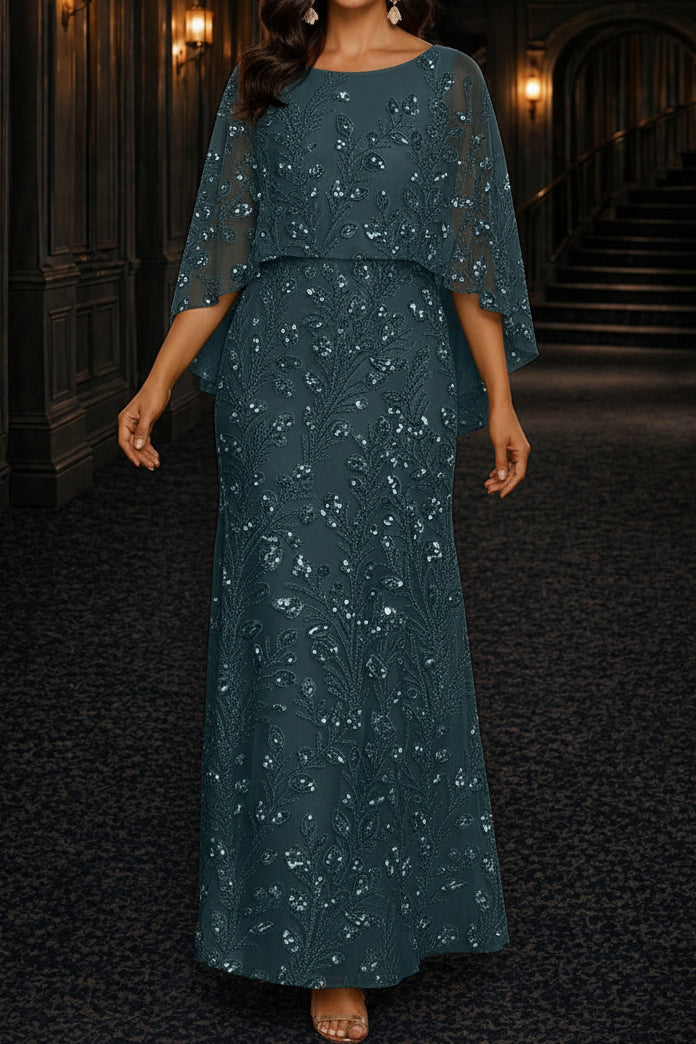 Sequin Botanical Capelet Overlay Evening Gown
