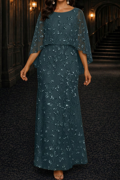 Sequin Botanical Capelet Overlay Evening Gown