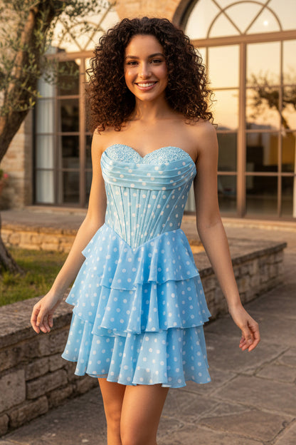 Polka Dot Corset Mini Dress with Tiered Ruffle Skirt