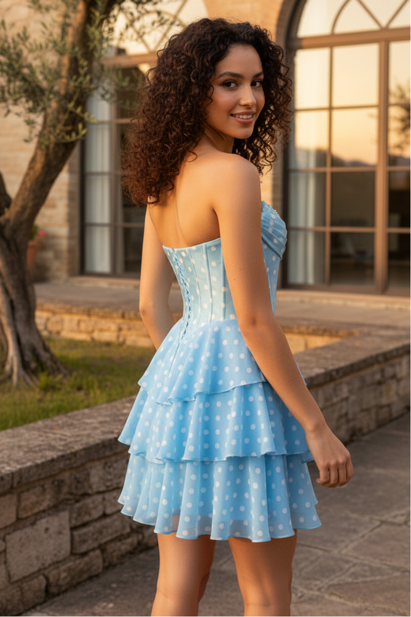 Polka Dot Corset Mini Dress with Tiered Ruffle Skirt